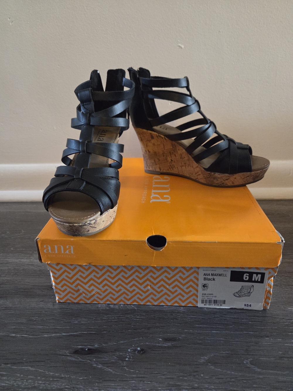 Ana Maxwell Black Strappy Cork Wedge Sandals